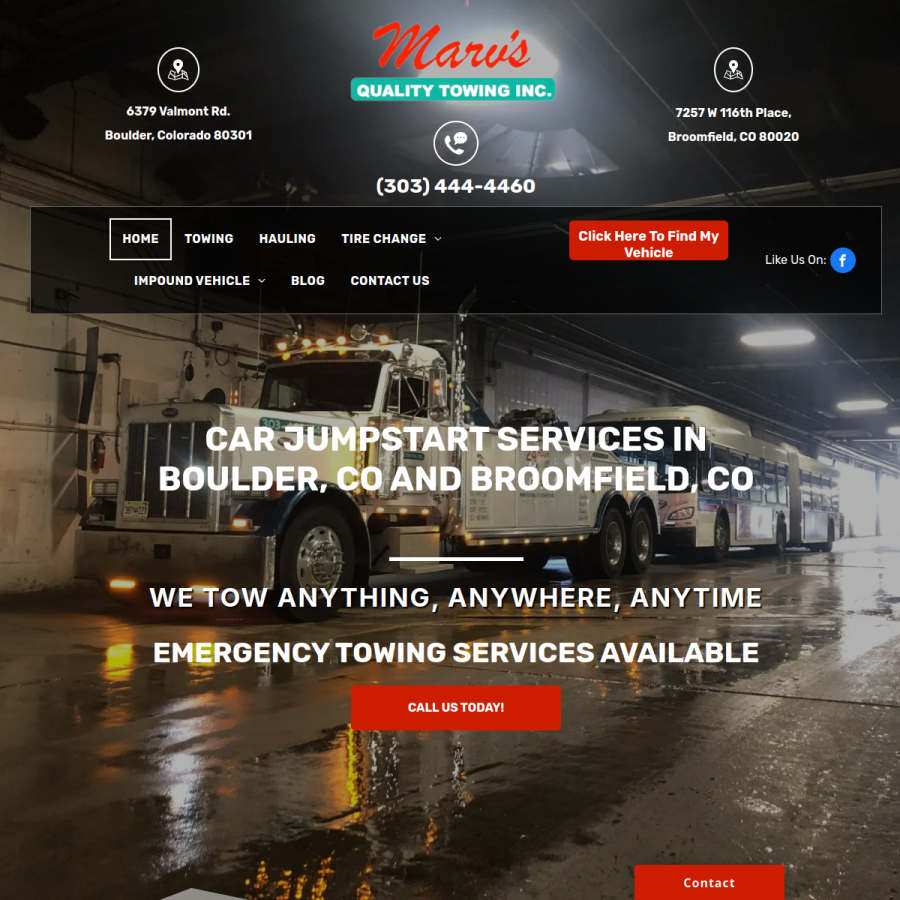 Screenshot of the Marv's Quality Towing Inc website