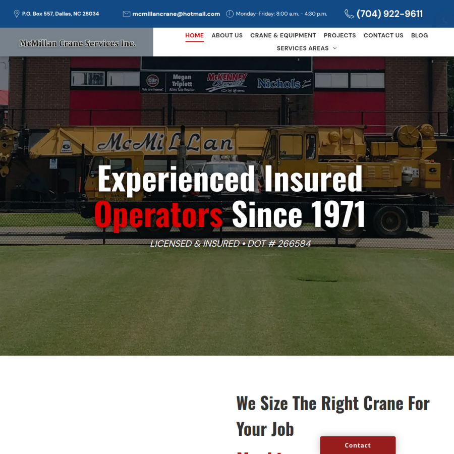 Screenshot of the McMillan Crane Service Inc website
