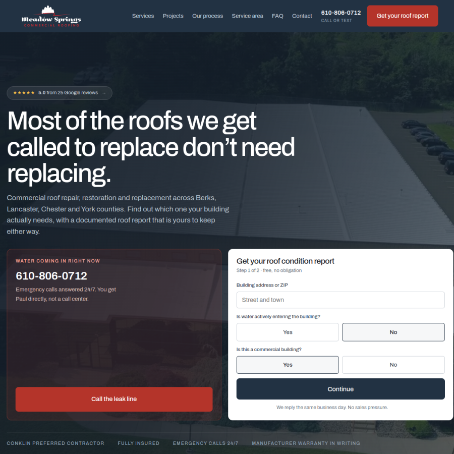 Screenshot of the Meadow Springs Commercial Roofing website