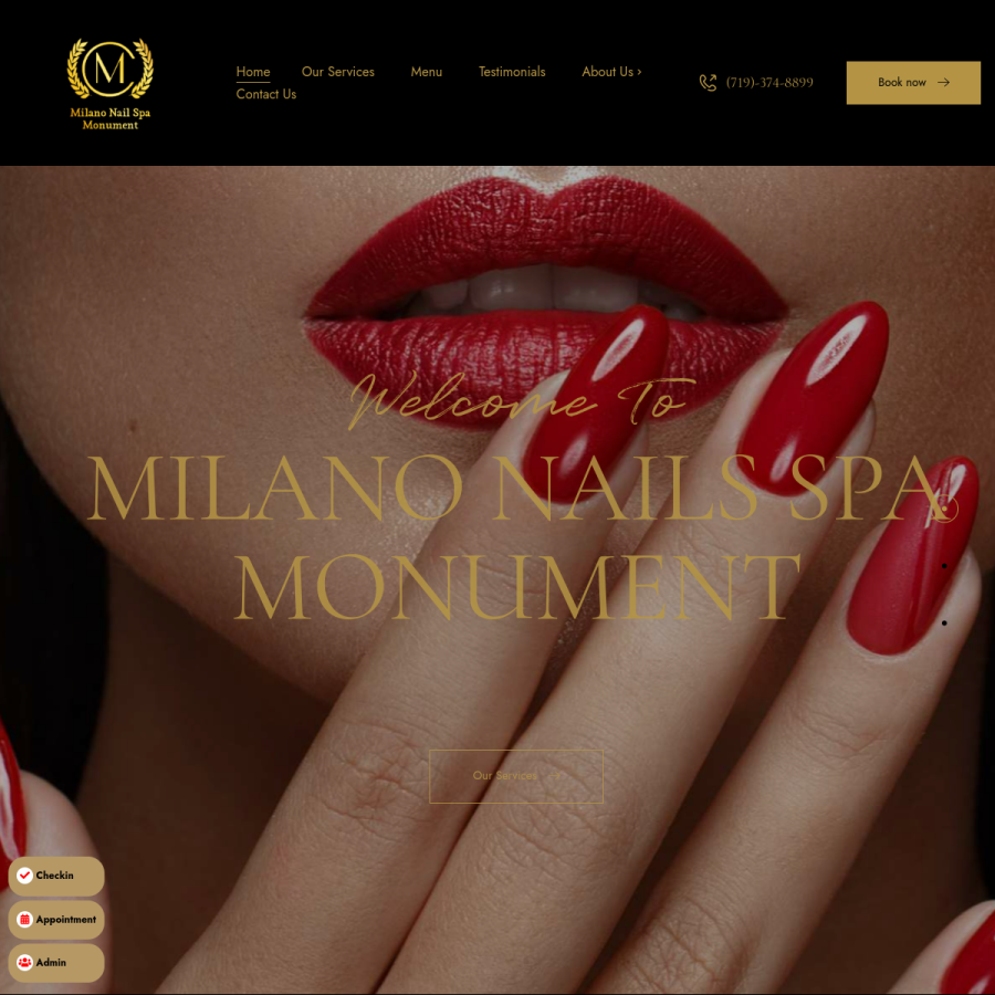 Screenshot of the Milano Nail Spa Monument website