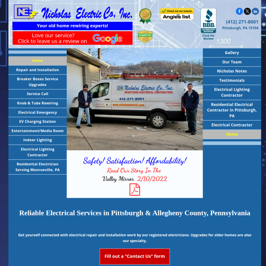 Screenshot of the Nicholas Electric Co website