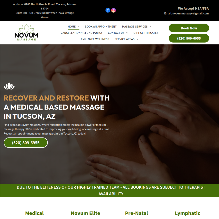 Screenshot of the Novum Massage website
