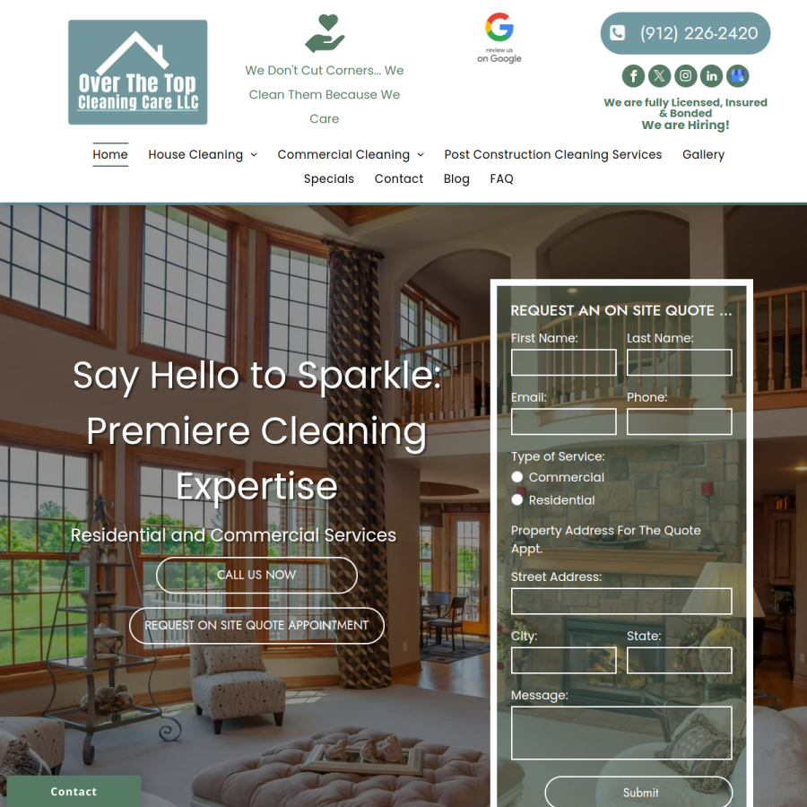 Screenshot of the Over The Top Cleaning Care website