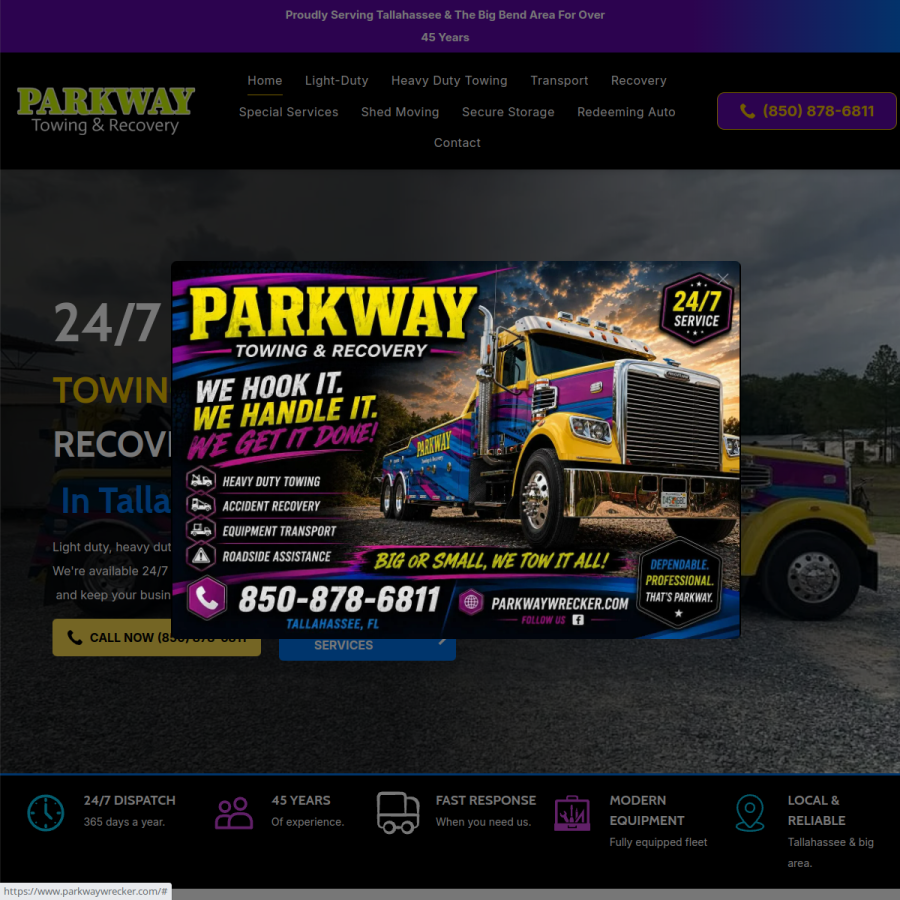 Screenshot of the Parkway Wrecker Service website