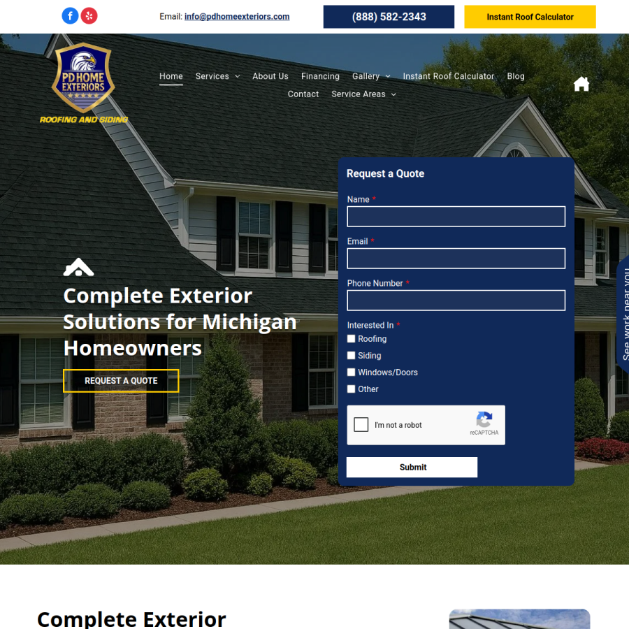 Screenshot of the PD Home Exteriors website