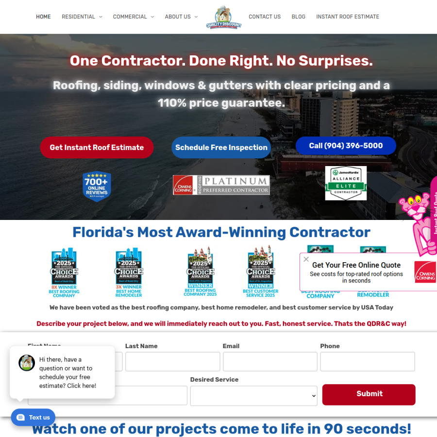 Screenshot of the Quality Discount Roofing & Construction website