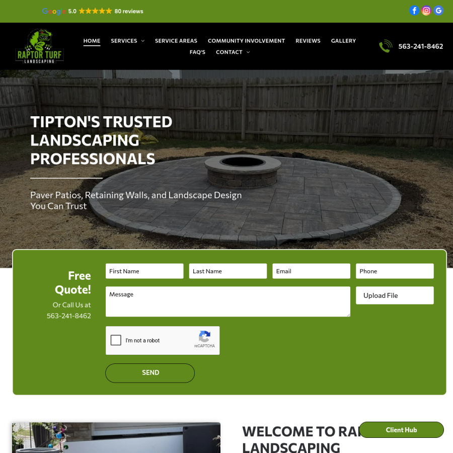 Screenshot of the Raptor Turf Landscaping website