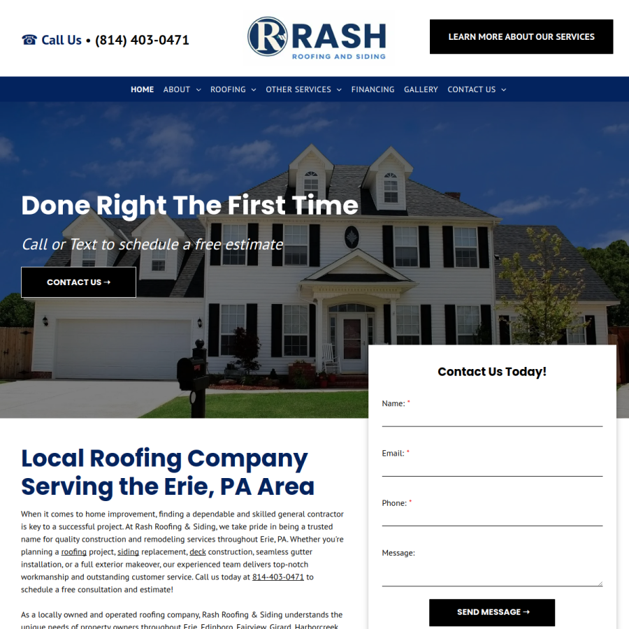 Screenshot of the Rash Roofing & Siding website