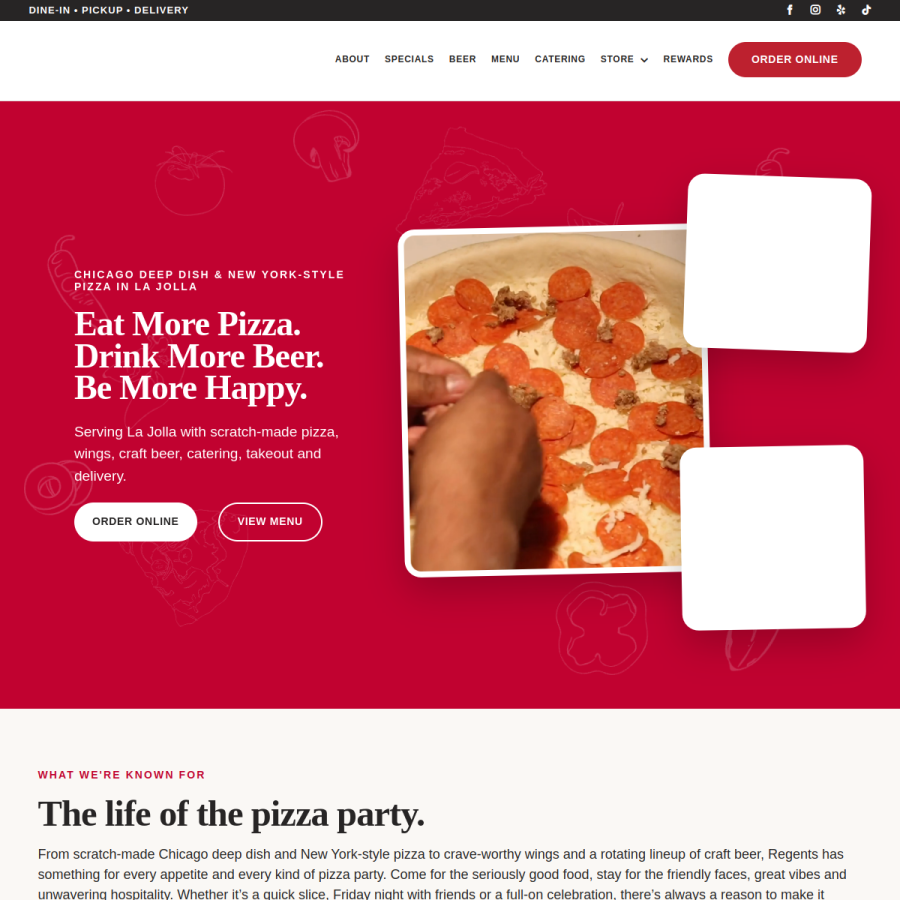 Screenshot of the Regents Pizzeria website