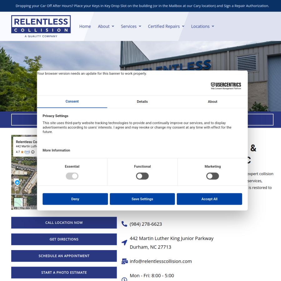Screenshot of the Relentless Collision website