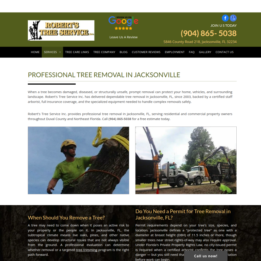 Screenshot of the Robert's Tree Service website