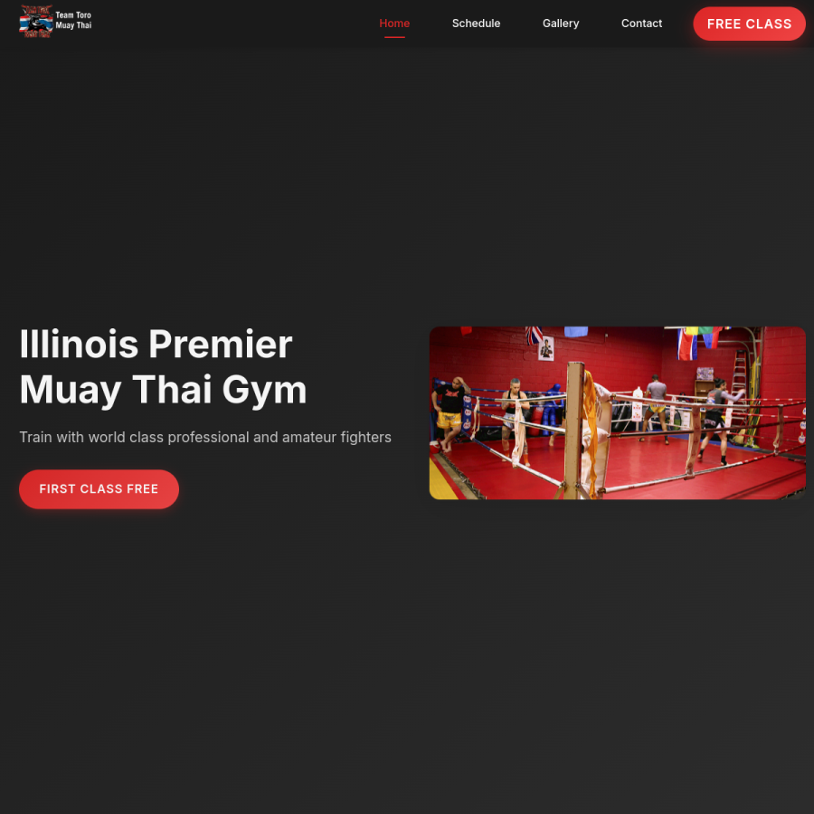 Team Toro Muay Thai gym website homepage with free-class call to action built by Hunter Solutions Group