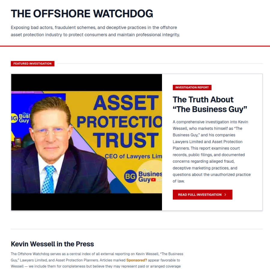 The Offshore Watchdog investigative publication homepage built by Hunter Solutions Group