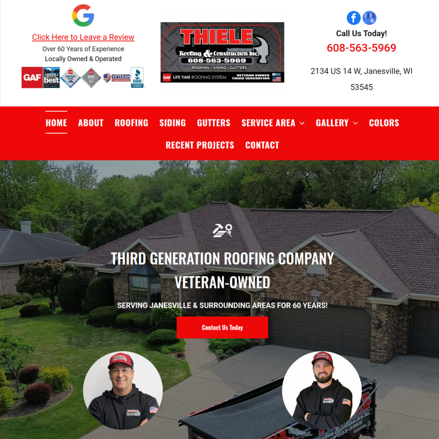 Screenshot of the Thiele Roofing & Construction website