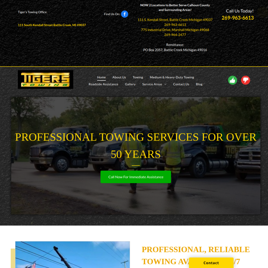 Screenshot of the Tiger's Towing website