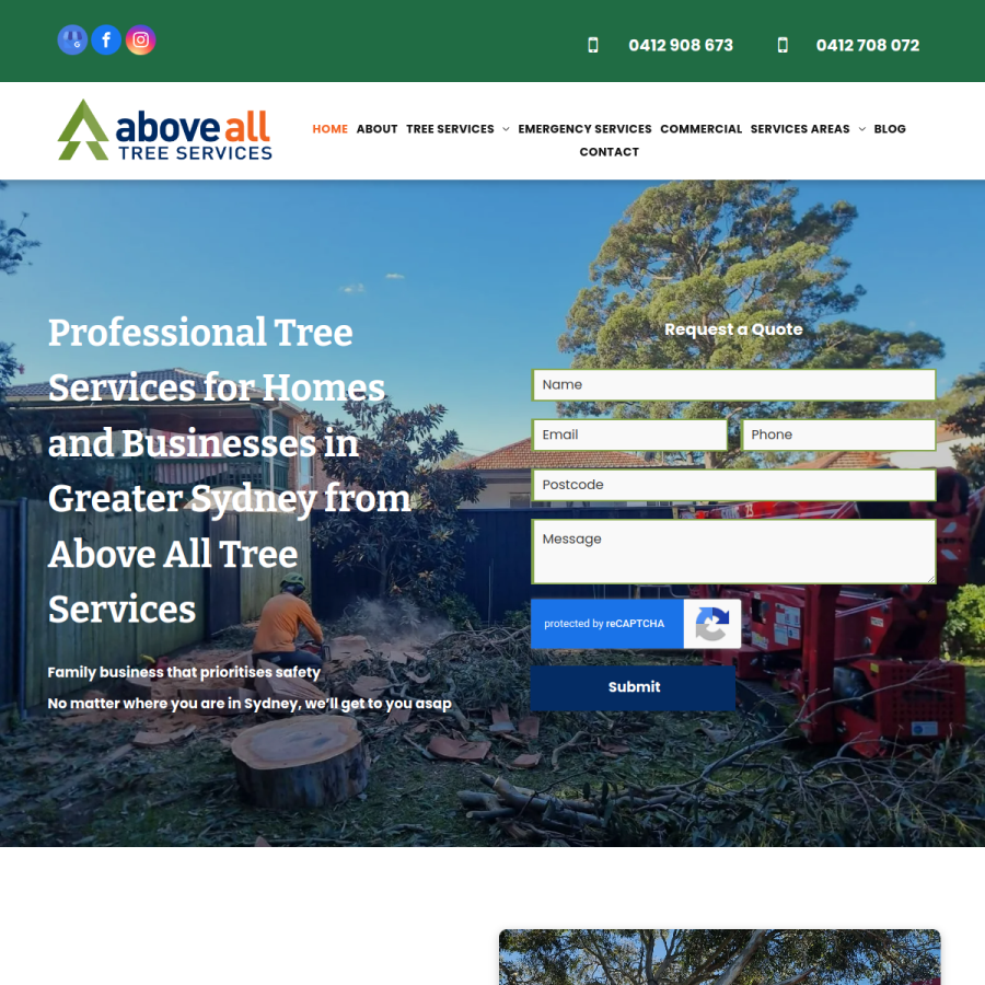 Screenshot of the Above All Tree Services website