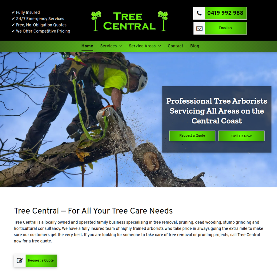 Screenshot of the Tree Central Pty Ltd website