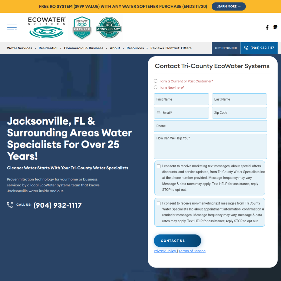 Screenshot of the Tri-County EcoWater Systems website