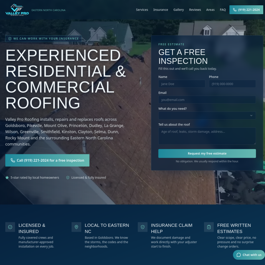 Screenshot of the Valley Pro Roofing website