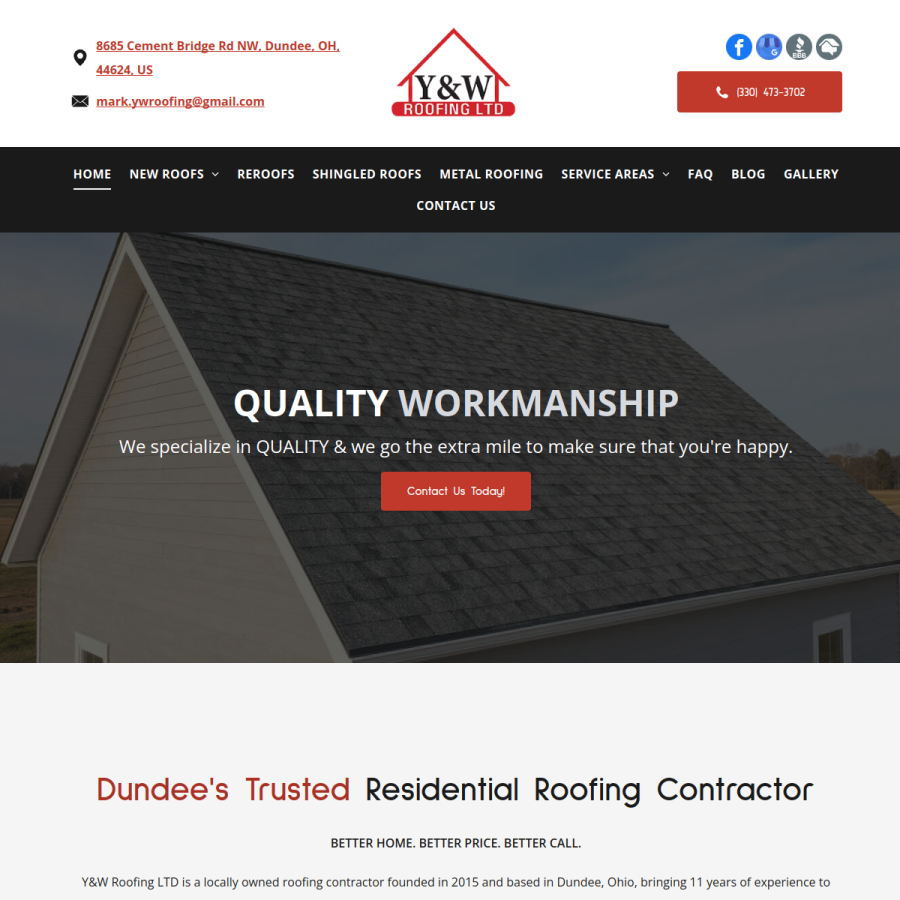 Screenshot of the Y&W Roofing LTD website