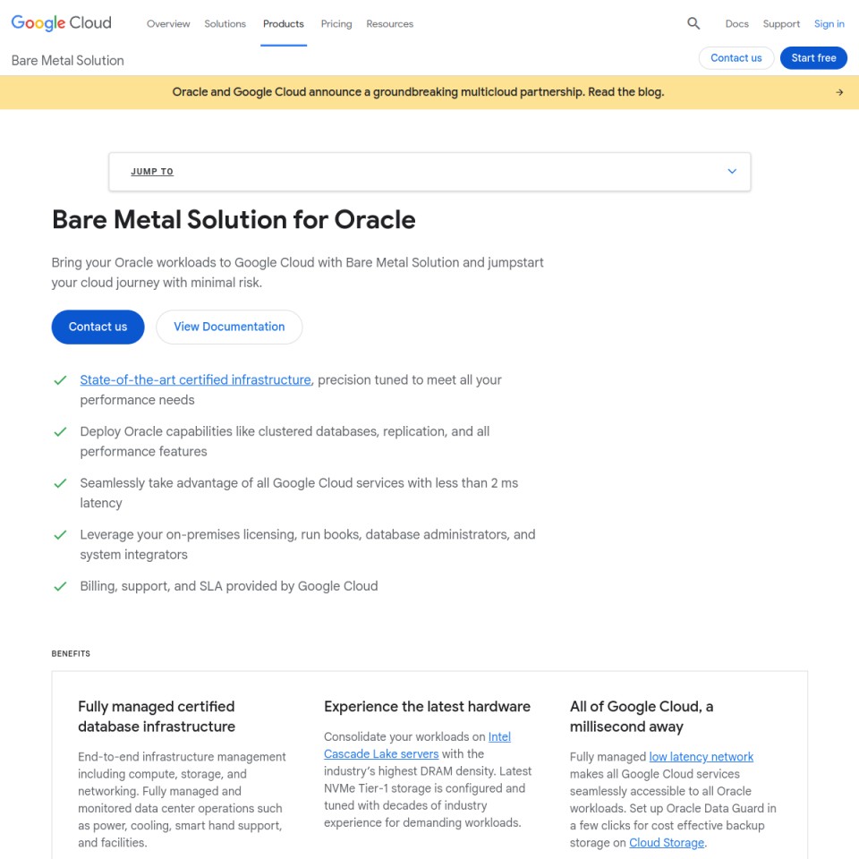 Google Cloud Bare Metal Solution 官网首页截图